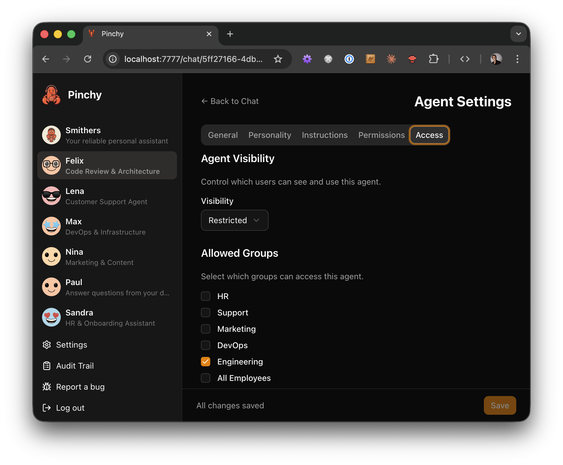 Pinchy Agent Settings showing the Access tab with Visibility set to Restricted and Allowed Groups checkboxes for HR, Support, Marketing, DevOps, Engineering, and All Employees