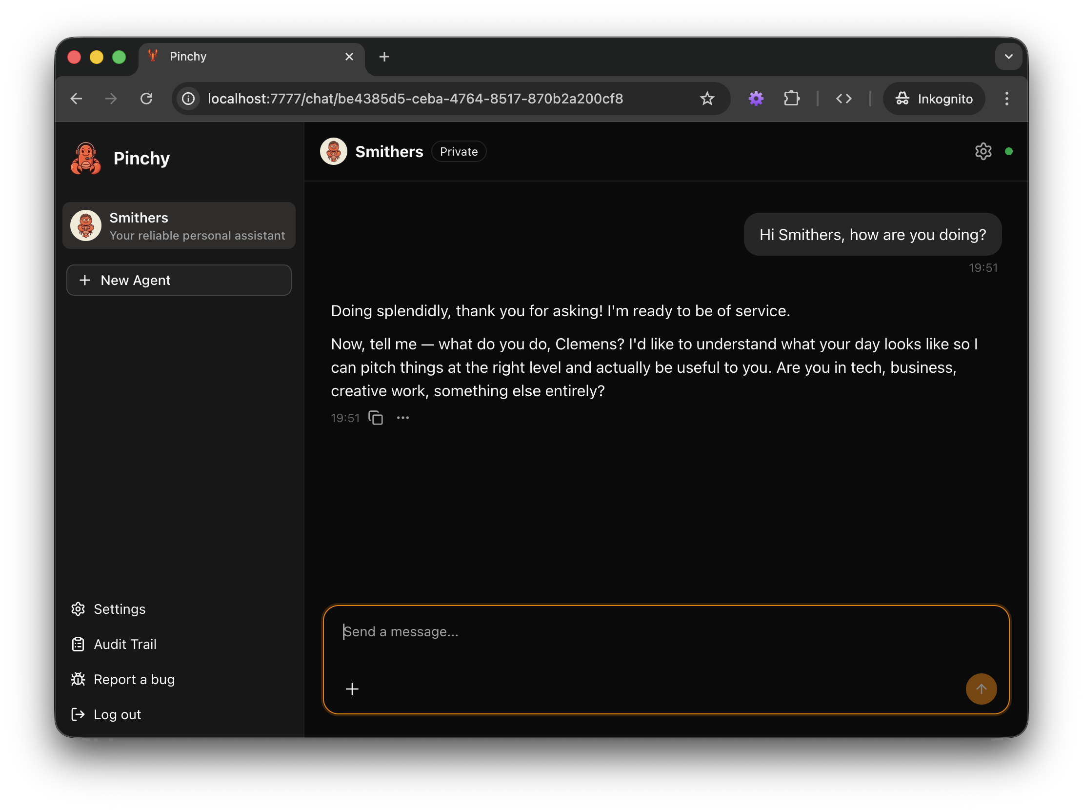Pinchy v0.1.0 — Smithers onboarding chat