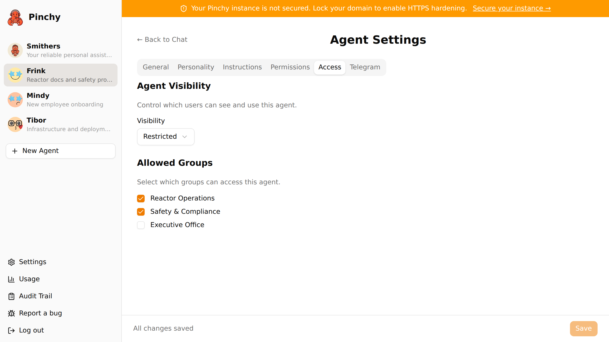 Pinchy agent Access tab — Restricted visibility with group checkboxes for Reactor Operations, Executive Office, Safety & Compliance