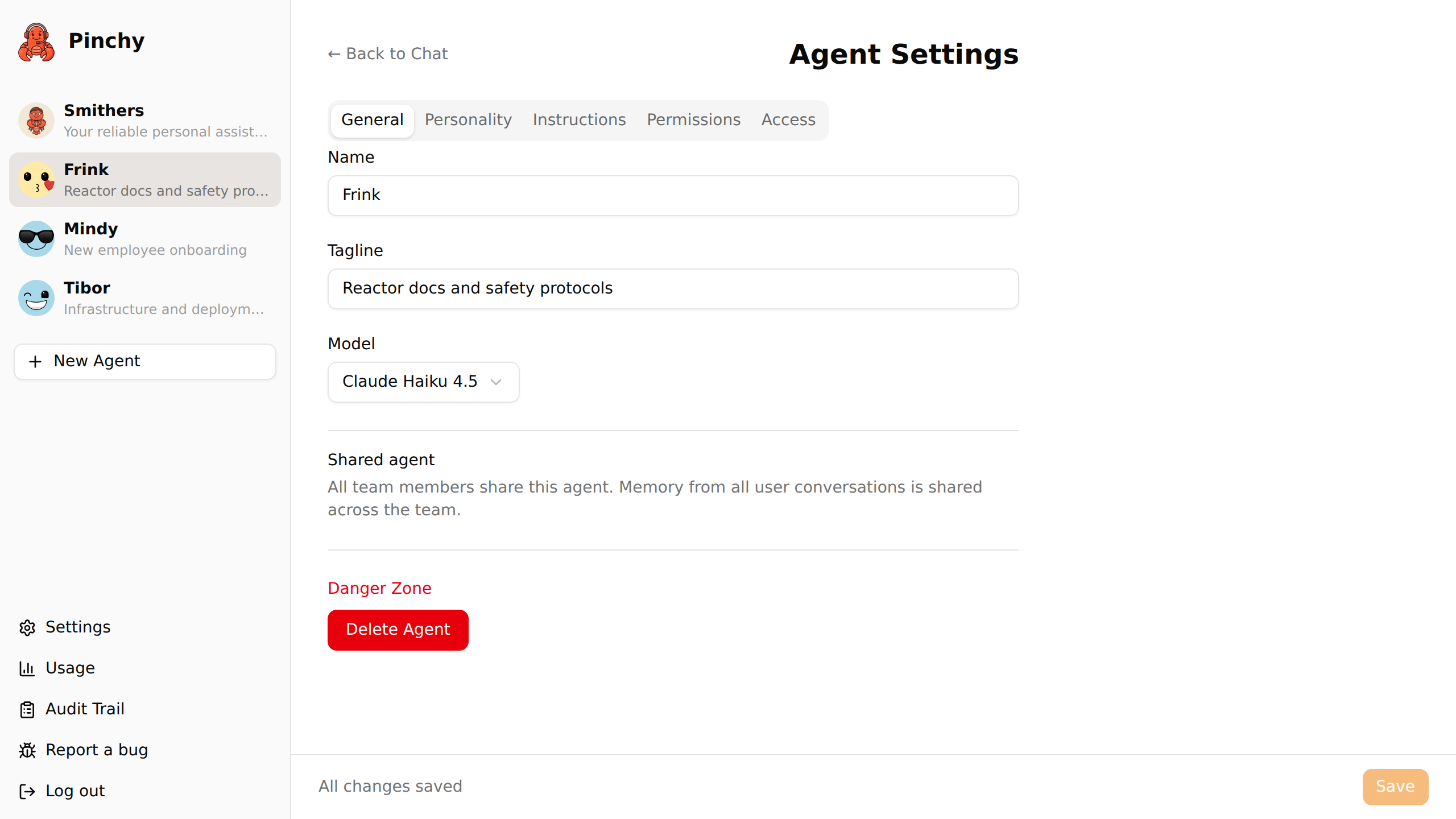 Pinchy agent management — configure name, tagline, and model