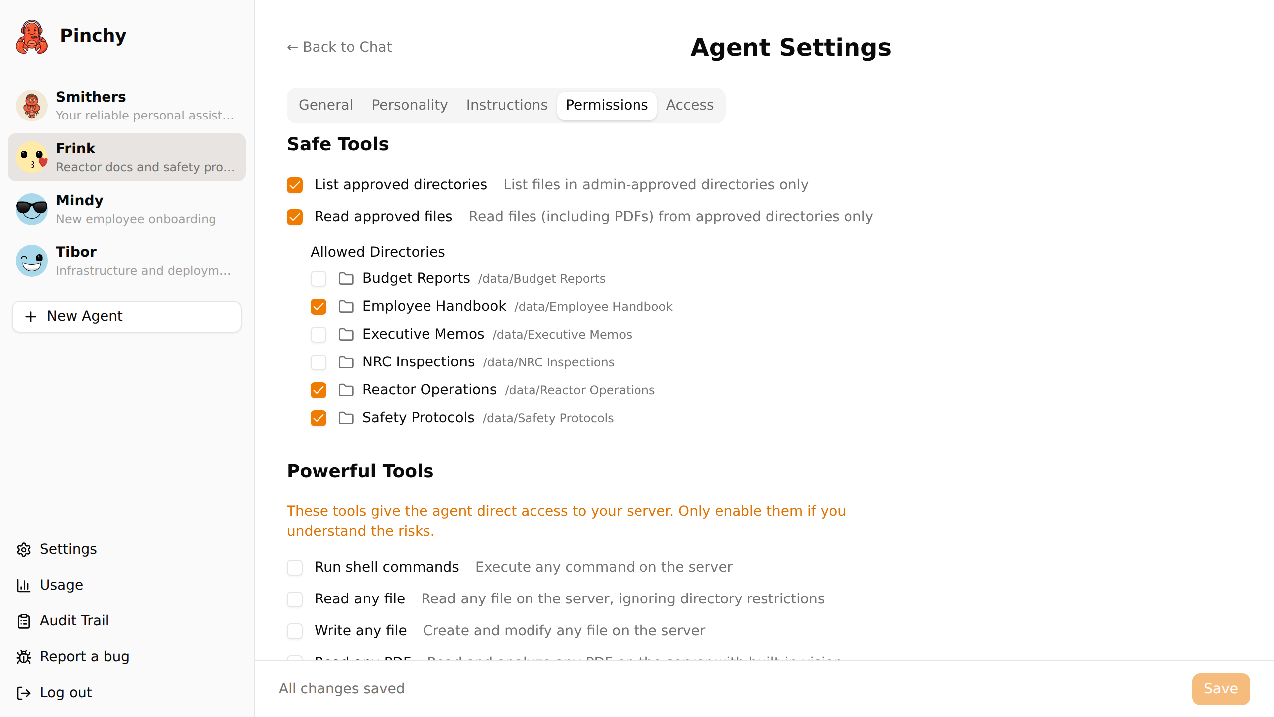 Pinchy agent permissions — allow-list with directory scoping