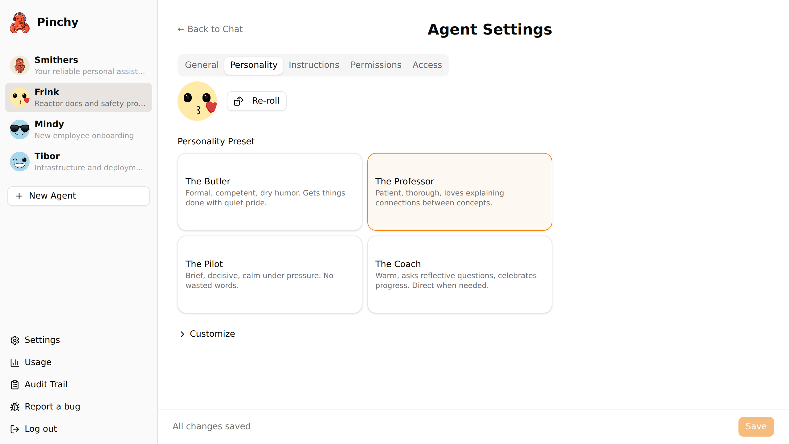 Pinchy agent personality configuration with SOUL.md editor