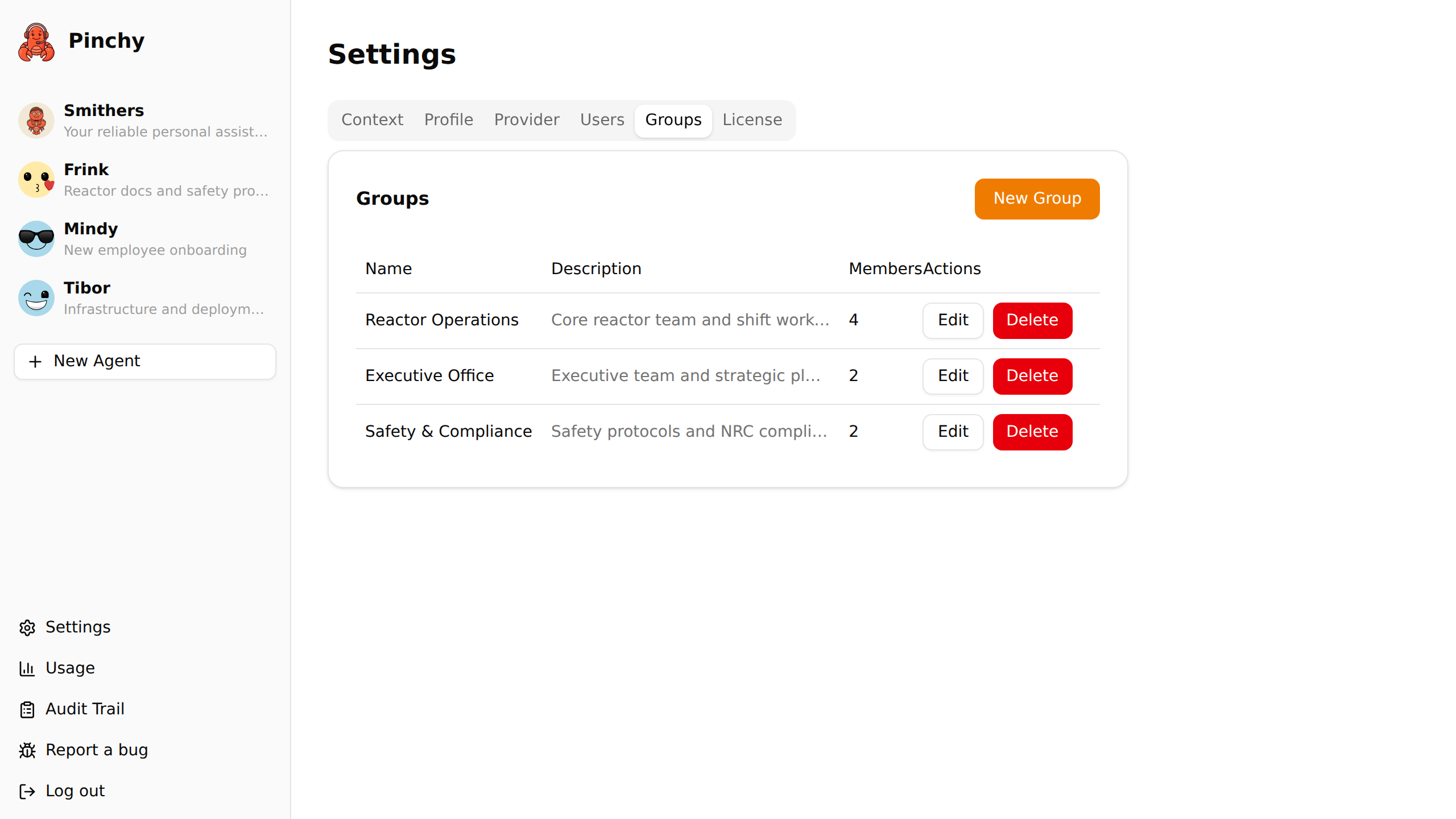 Pinchy groups — team-based agent access control