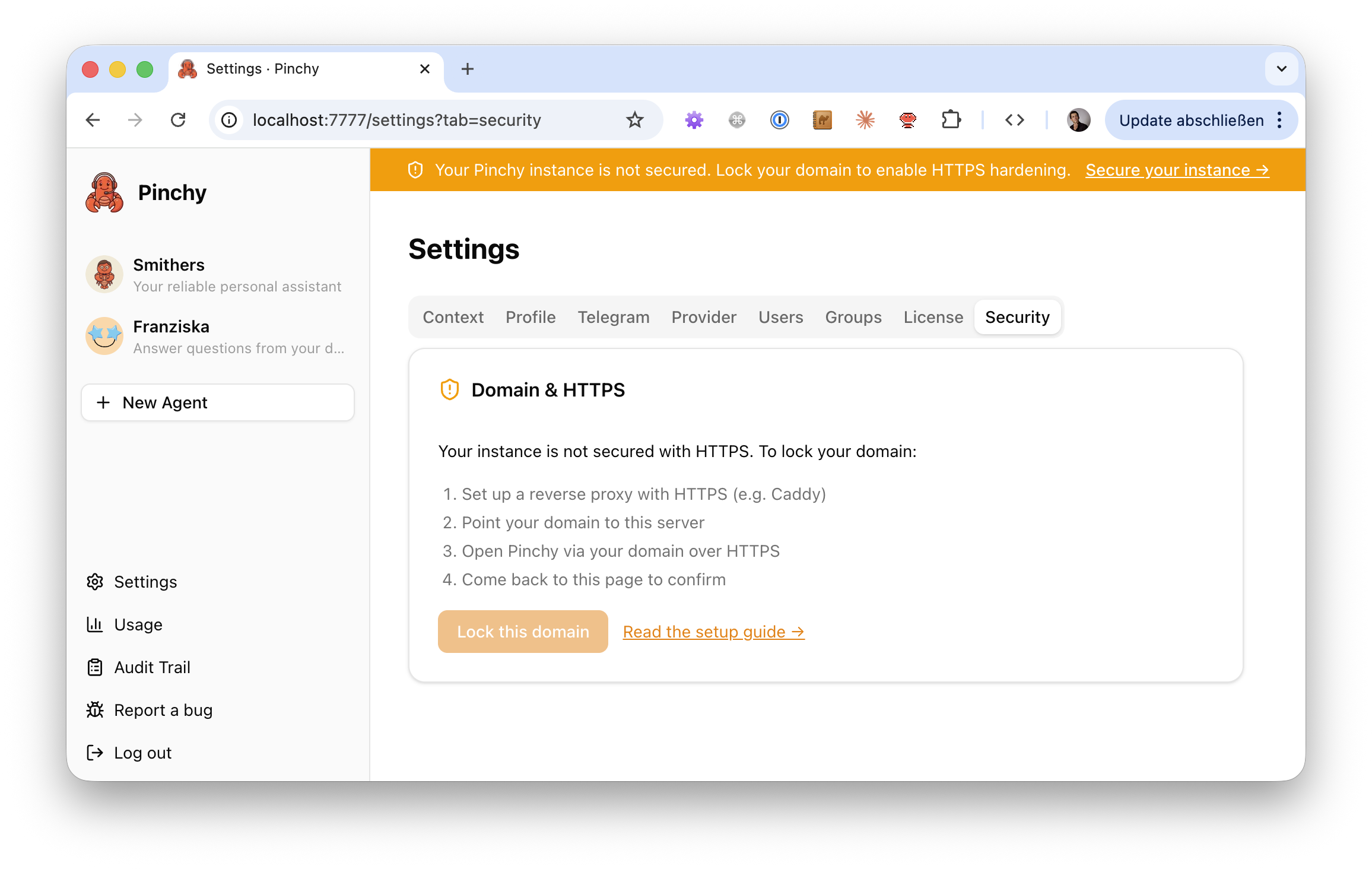 Pinchy with the insecure mode warning banner at the top, and the Security tab at the end of the settings list