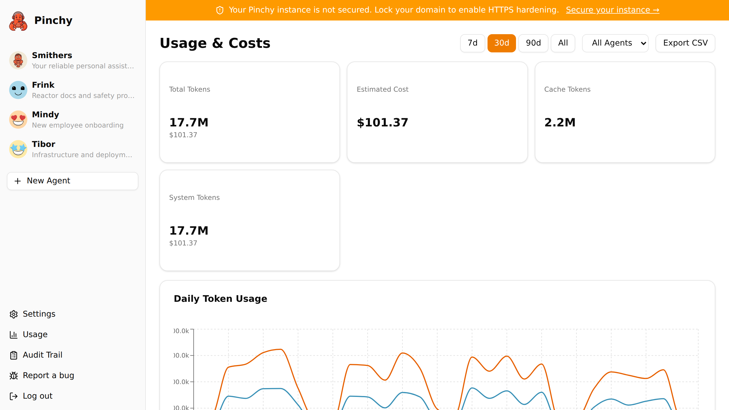 Pinchy usage dashboard — token consumption by source, with cache reads and writes