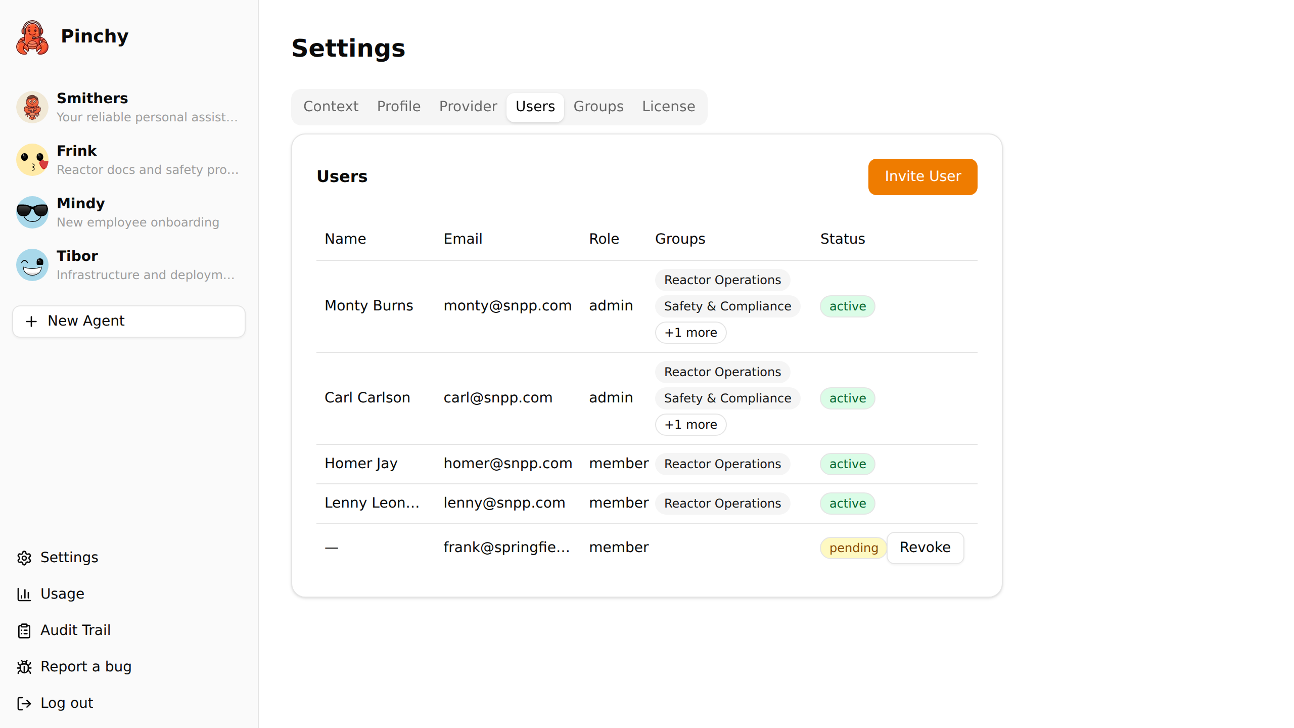 Pinchy user management — team members with roles